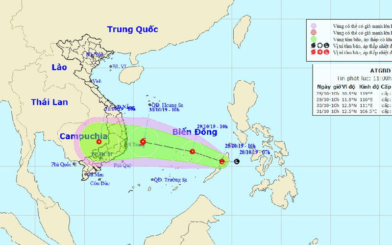 Hướng di chuyển của áp thấp nhiệt đới trên Biển Đông.
