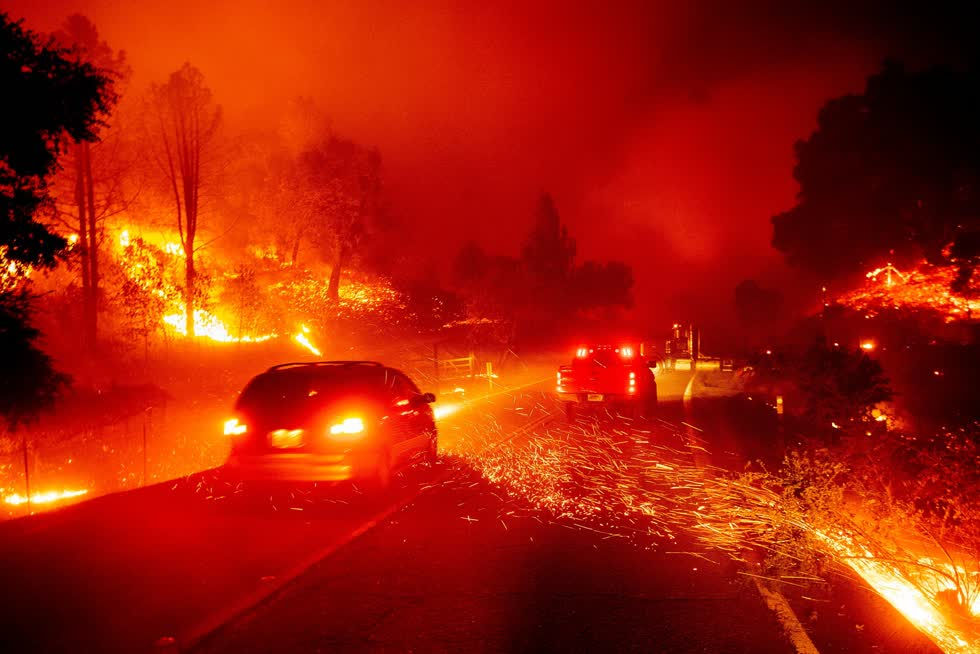 Cháy rừng lan cả xuống đường quốc lộ ở California - Ảnh: AP.