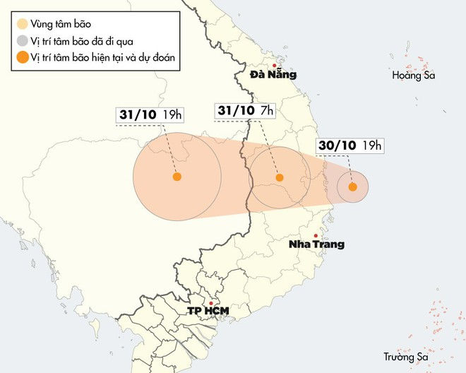 Hướng di chuyển và vùng ảnh hưởng của bão số 5 khi đổ bộ vào đất liền. Đồ họa: Nhân Lê.