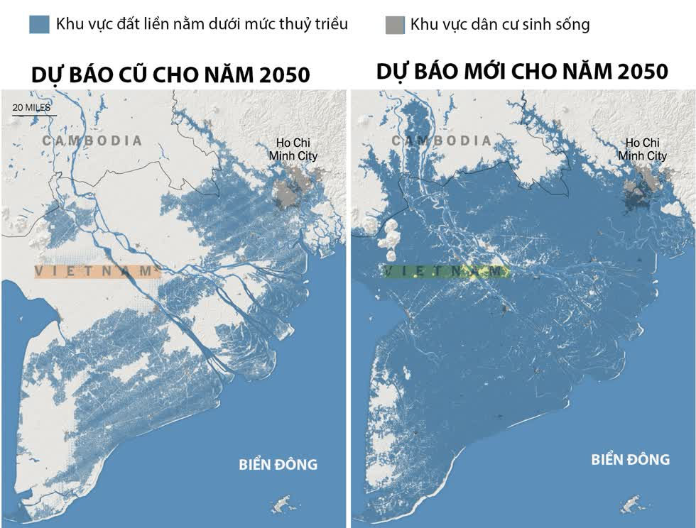 Nghiên cứu của Climate Central dự báo toàn bộ miền Nam nước ta có thể bị ngập nước vào năm 2050 - Đồ họa: New York Times.