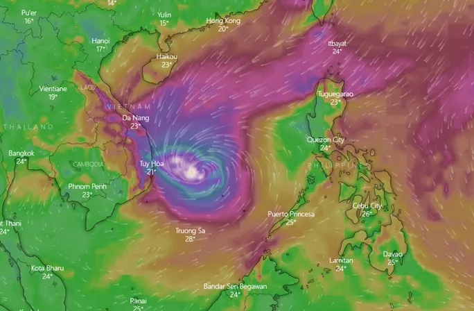 Cơn bão số 6 mang tên Nakri dự kiến đổ bộ vào Nam Trung Bộ Việt Nam trong ngày 10-11-2019. Ảnh: windy.com