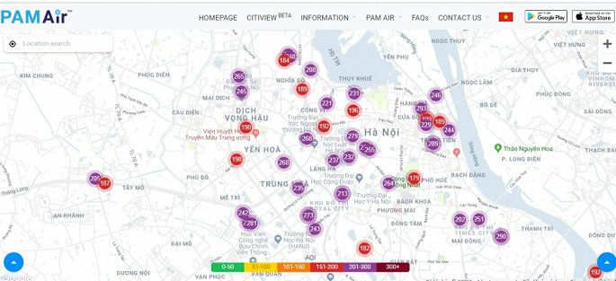   Bảng đo chỉ số ô nhiễm không khí ở Hà Nội dày đặc màu đỏ và tím (ngưỡng ảnh hưởng tới sức khỏe người dân).  