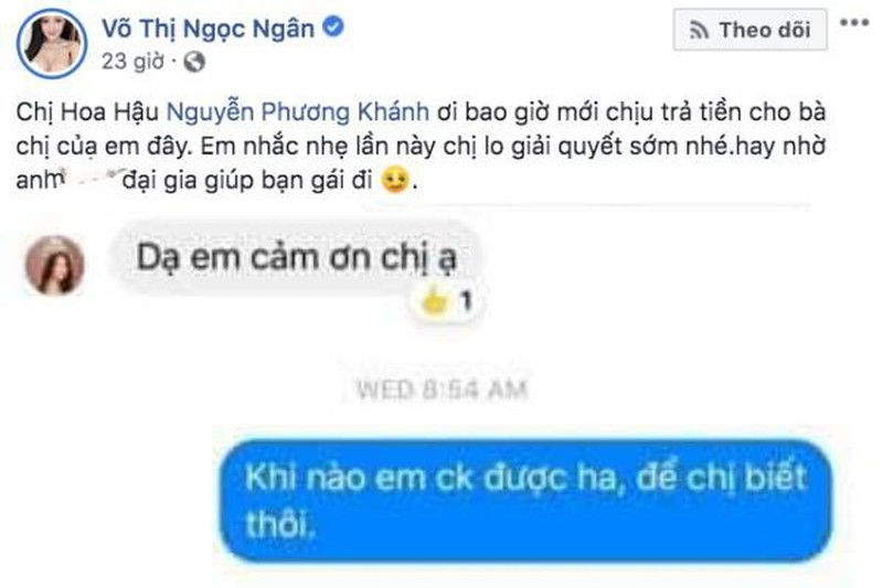 Ngân 98 tố Phương Khánh nợ nần không trả.