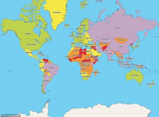 Bản đồ rủi ro y tế toàn cầu với minh họa nơi có nguy cơ mắc các vấn đề sức khỏe và bệnh tật cao nhất là màu đỏ và thấp nhất màu xanh lá cây. Ảnh: International SOS.