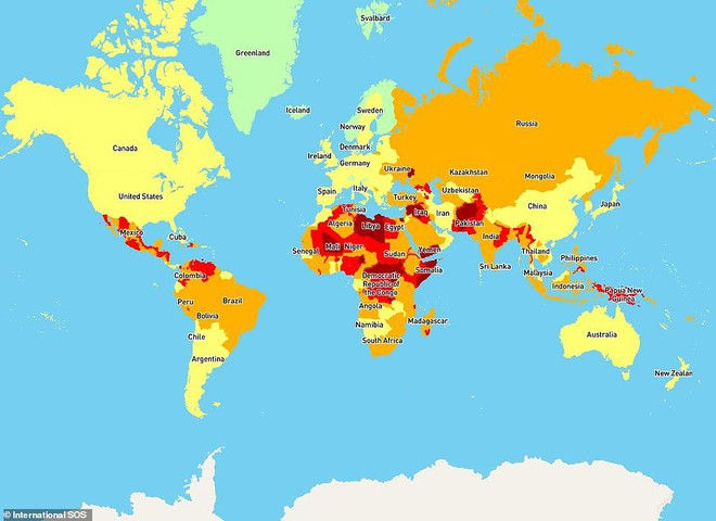 Bản đồ rủi ro an ninh toàn cầu đánh dấu những quốc gia có rủi ro không đáng kể bằng màu xanh nhạt, các quốc gia có rủi ro cao và cực cao là màu đỏ và đỏ sẫm. Ảnh: International SOS.