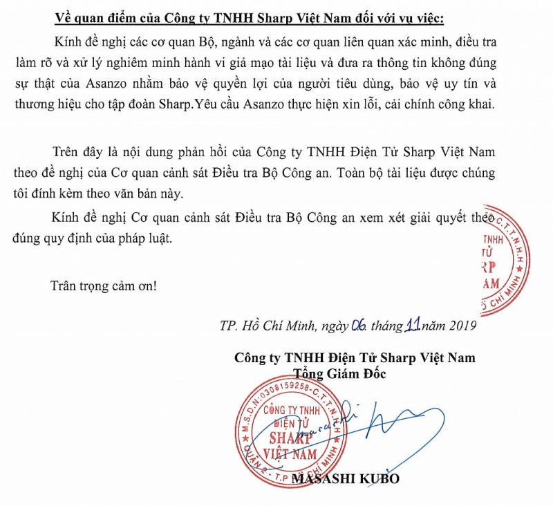 Văn bản với Công ty TNHH Điện tử Sharp Việt Nam gửi Cơ quan Cảnh sát điều tra (Bộ Công an) ngày 6/11/2019, đề nghị xử lý nghiêm vi phạm của Asanzo.