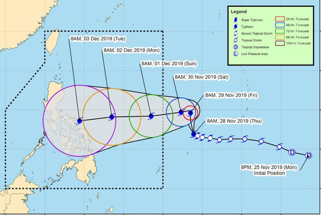 Hướng di chuyển dự kiến của bão Kammuri vào Philippines. Ảnh: PAGASA.