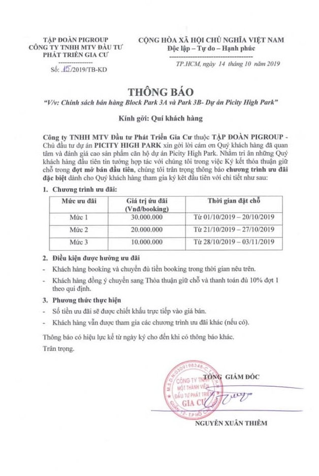 Chưa đóng tiền sử dụng đất, chưa có giấy phép xây dựng, dự ánPicity High Park đã huy động vốn.