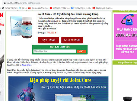 Trên trang https://suckhoe24h.net.vn/chi-tiet/joint-cure quảng cáo và rao bán sản phẩm Joint Cure với giá 790.000 đồng/hộp.