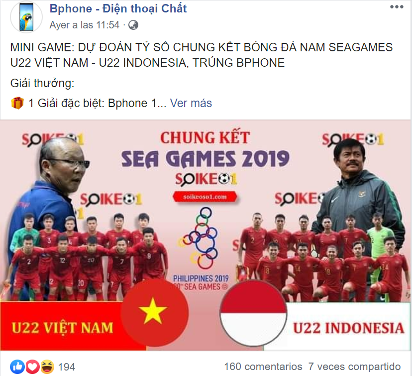 Trước trận đấu, đơn cử Bphone đã treo chương trình dành tặng chiếcsmartphone Bphone 1 cho ai dự đoán đúng tỉ số trận chung kết bóng đá nam SEA Games giữa U22 Việt Nam và U22 Indonesia. Ảnh: báo Dân Sinh.