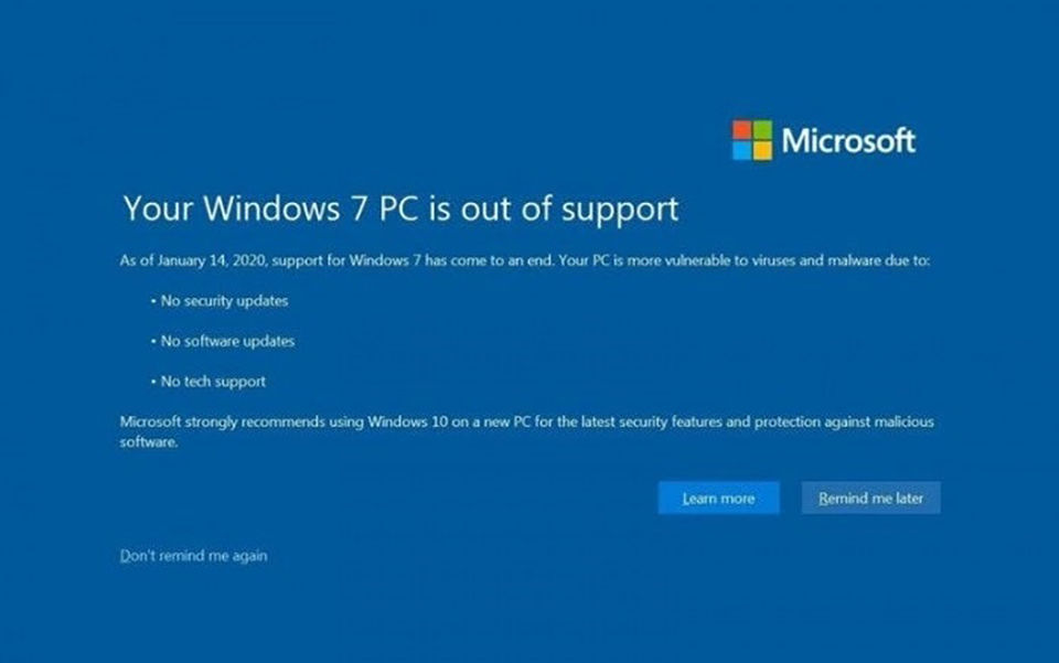 Windows 7 sẽ hỗ trợ người dùng đến ngày 14/1/2020