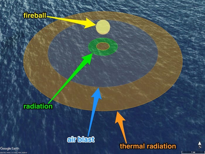   Công cụ NukeMap của Wellerstein mô phỏng một vụ đánh bom hạt nhân.  