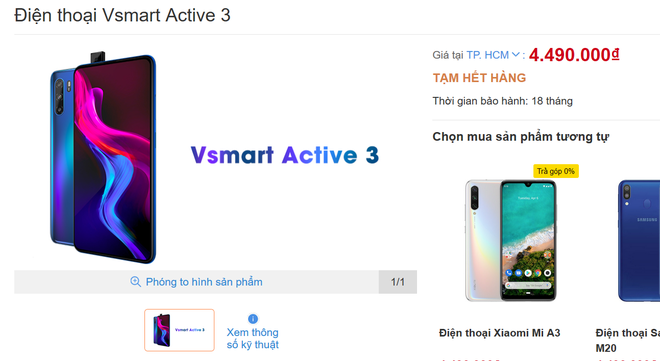 Vsmart Active 3 có Chip MediaTek, RAM 4/6GB, giá từ 4.49 triệu