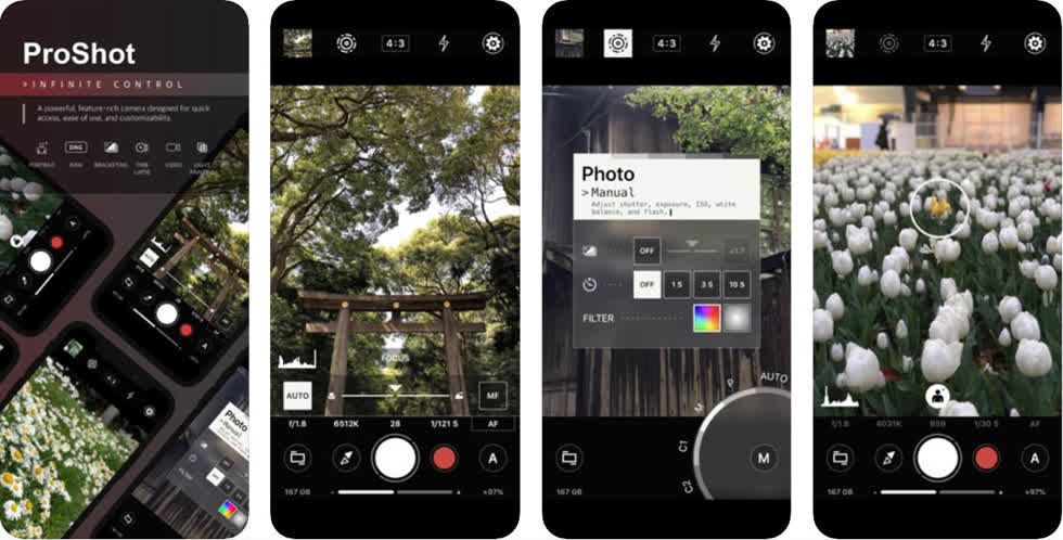 Ứng dụng Proshot cung cấp cho bạn các tùy chỉnh nâng cao cho camera như thiết lập tốc độ màn chập, điều chỉnh ISO, mức cân bằng trắng,... với một giao diện đơn giản và cực kì dễ sử dụng.