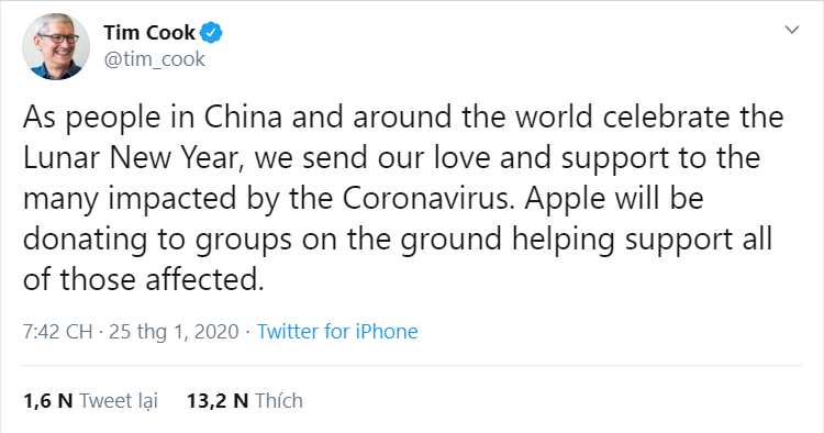 Trong một tweet chúc mừng Tết Nguyên Đán, vị CEO của Apple cho biết công ty sẽ 