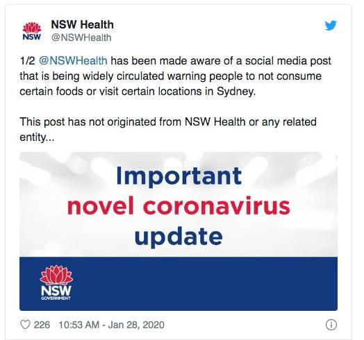   Tin giả cảnh báo mọi người nguy cơ lây nhiễm coronavirus có từ thực phẩm đến từ Sydney (Úc).  