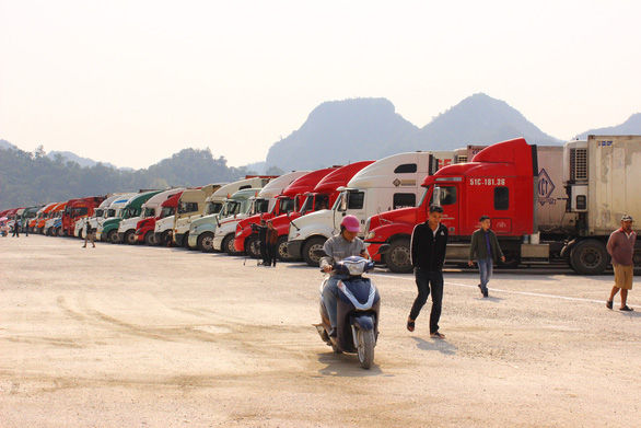   Hàng trăm xe container hoa quả đông lạnh đang nằm chờ tại bãi xe cửa khẩu Tân Thanh - Ảnh: B.NGỌC  