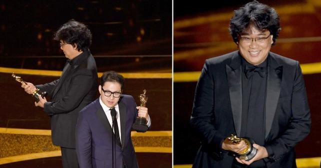 Bong Joon Ho mìm cười khi cầm bức tượng vàng trên tay trên sân khấu lễ trao giải Oscar 2020. 