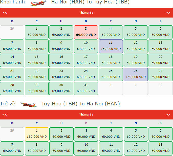 Giá vé máy bay khứ hồi chặng Hà Nội - Tuy Hòa giảm mạnh trong tháng 3 của một hãng hàng không. Ảnh: Vietnamnet.