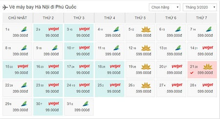 Vé máy bay chặng Hà Nội – Phú Quốc tháng 3/2020 (ảnh nguồn: www.bestprice.vn)