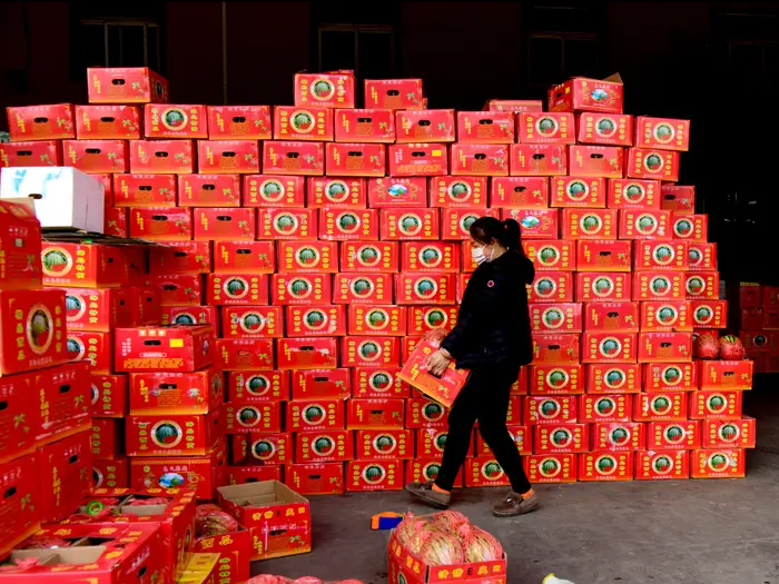   Một người phụ nữ sắp xếp các hộp trái cây tại chợ bán buôn Wanbang. Ảnh: Tân Hoa Xã.  