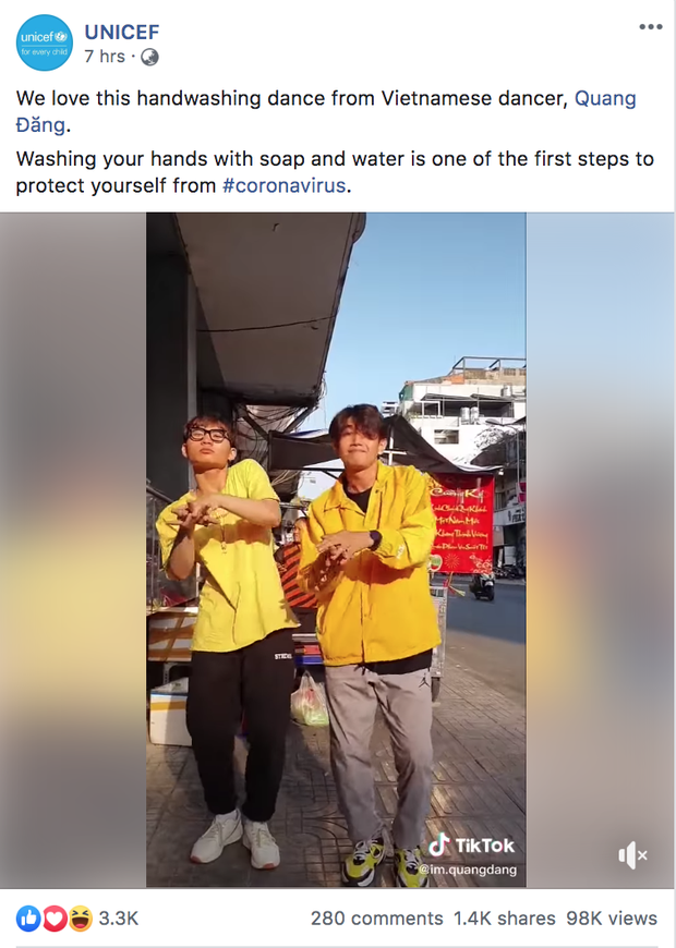 UNICEF chia sẻ clip vũ điệu chống dịch của Quang Đăng.