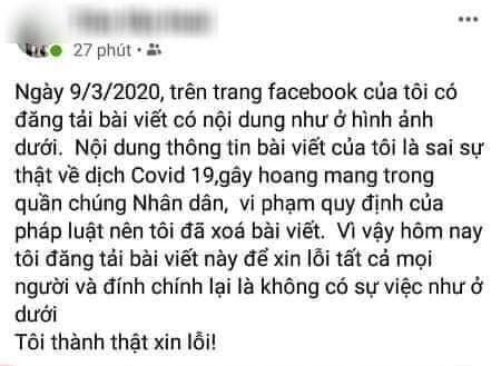  Trần Văn Hoài đăng thông tin đính chính và xin lỗi vì đăng tin sai sự thật. 