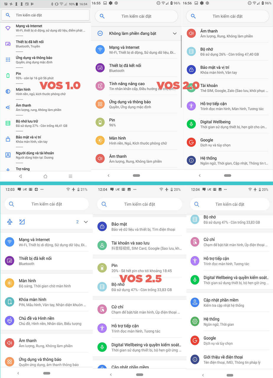 Hình ảnh so sánh phần Setting của VOS 1.0 với VOS 2.0 và VOS 2.5​