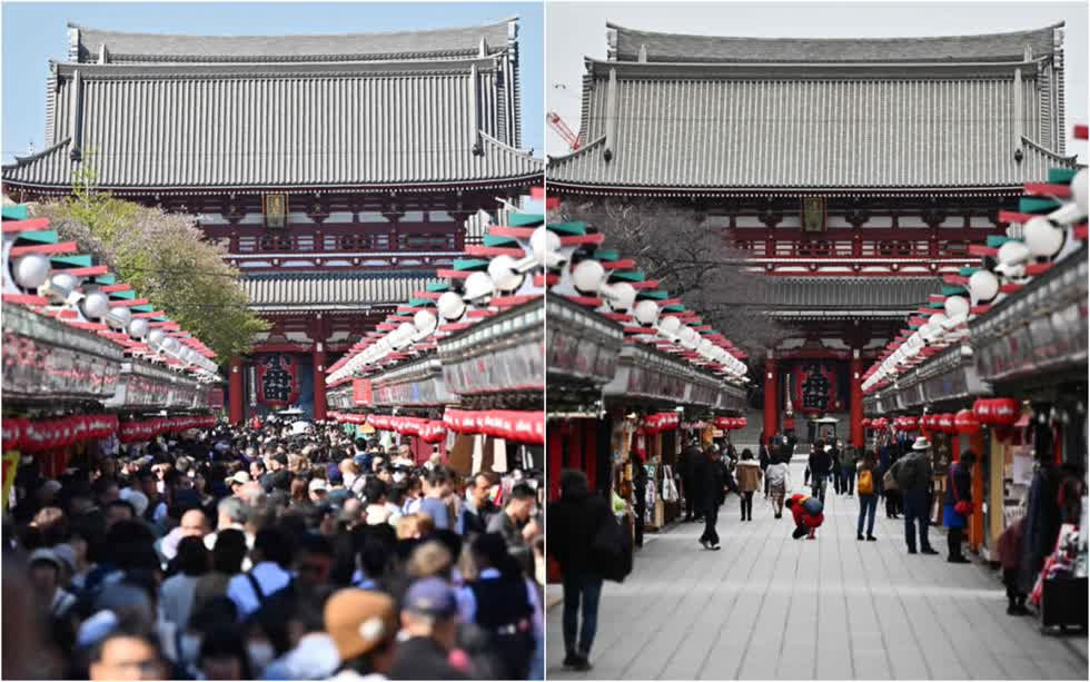     Đền Sensō-ji ở quận Asakusa của Tokyo, Nhật Bản.Ảnh chụp ngày 16/4/2019 (ảnh trái) và ngày 9/3/2020 (ảnh phải). 