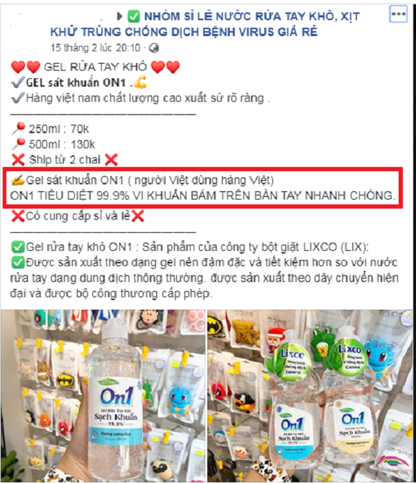  Sản phẩm Gel rửa tay khô On1 được bán trên mạng xã hội facebook.  