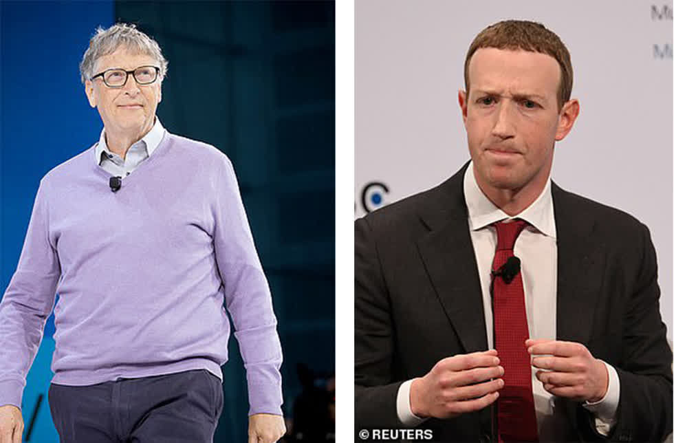   Ông chủ của Microsoft, Bill Gates, người giàu thứ hai trên thế giới, (trái) đã chứng kiến khối tài sản ​​18 tỷ USD của mình bị thổi bay kể từ ngày 24/3/2019 và Mark Zuckerberg (phải) của Facebook đã 