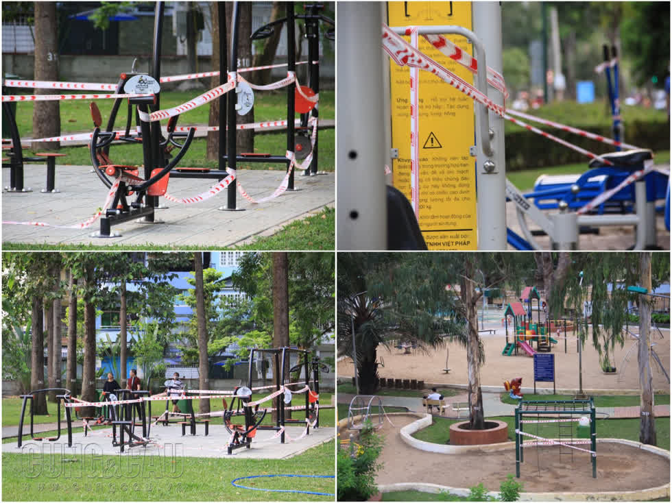 Tương tự, tại khu vui chơi trẻ em và các khu vực tập thể dục trong công viên Gia Định (Gò Vấp) đều được niêm phong.