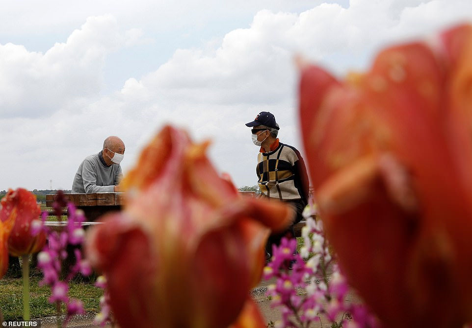 Những người đàn ông đeo khẩu trang ngồi ở băng ghế gần hoa tulip chưa cắt, sẽ được cắt nhỏ để ngăn chặn các cuộc tụ họp, mặc dù cho đến nay Nhật Bản đã cố gắng ngăn chặn sự lây nhiễm.