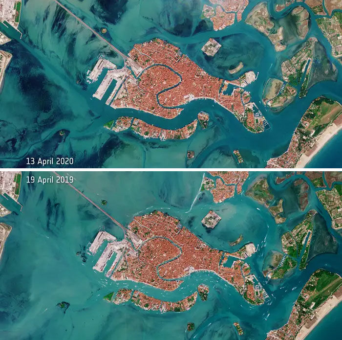     Những nỗ lực của Ý nhằm hạn chế sự lây lan của bệnh virus corona đã dẫn đến việc giảm lưu lượng tàu thuyền trong các tuyến đường thủy nổi tiếng của Venice. Hình ảnh trên cùng, được chụp ngày 13/4/2020, cho thấy sự thiếu lưu lượng thuyền rõ rệt so với hình ảnh từ ngày 19/4/2019.  