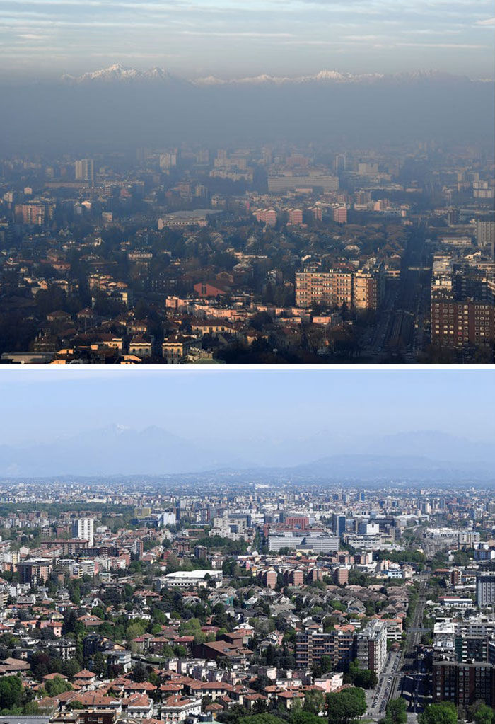   Milan, Ý được mệnh danh là thành phố ô nhiễm nhất châu Âu năm 2008 và khói bụi vẫn là vấn đề tái diễn, theo BBC. Nhưng sau khi ô nhiễm không khí giảm đáng kể trong thời gian phong tỏa, thành phố đã công bố một kế hoạch đầy tham vọng nhằm giảm sử dụng xe hơi sau khi việc dịch bệnh kết thúc. Bức ảnh bên trên của Milan được chụp vào ngày 17/4/2020, trong khi bức ảnh bên dưới được chụp chỉ bốn tháng trước.  