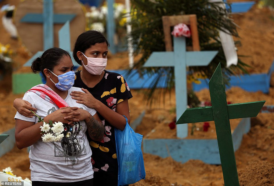 Hai người phụ nữ đến tiễn đưa người thân trong một vụ chôn cất tập thể những người đã qua đời do COVID-19, tại nghĩa trang của Công ty di sản Taruma ở Manaus, Brazil. Ảnh: Reuters
