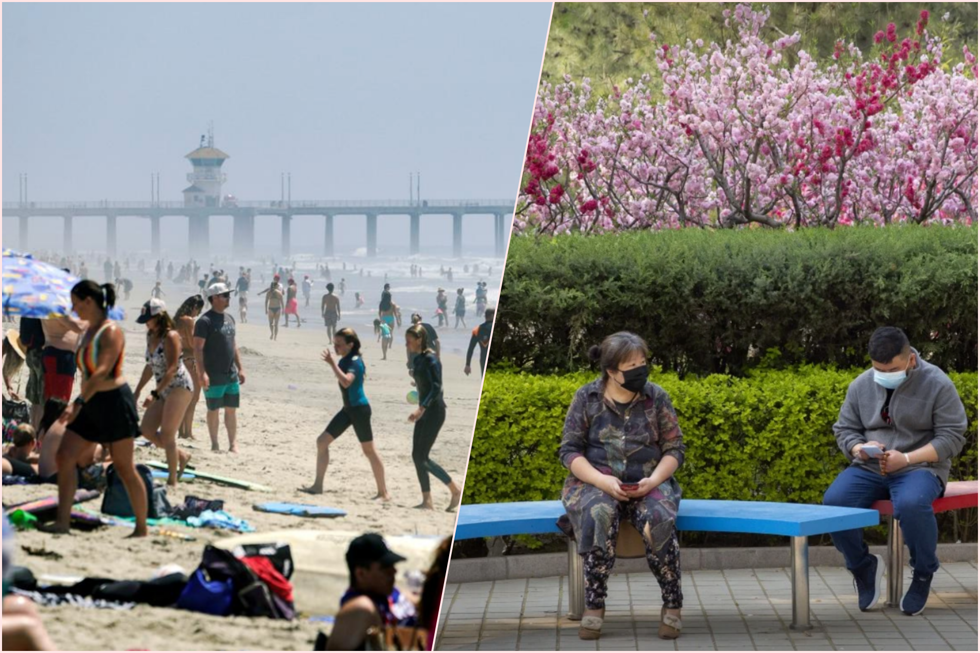 Người dân Mỹ bắt đầu ùa ra các bãi biển dù COVID-19 tại nước này vẫn đang bùng phát, khiến hàng ngàn người chết mỗi ngày (Ảnh trái), trong khi Trung Quốc đã kiểm soát tình hình dịch bệnh nhưng người dân vẫn rất cảnh giác (Ảnh phải).