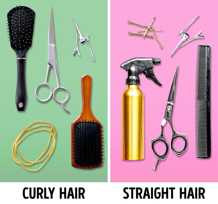   Dụng cụ dành cho tóc xoăn bên trái và tóc thẳng bên phải.  