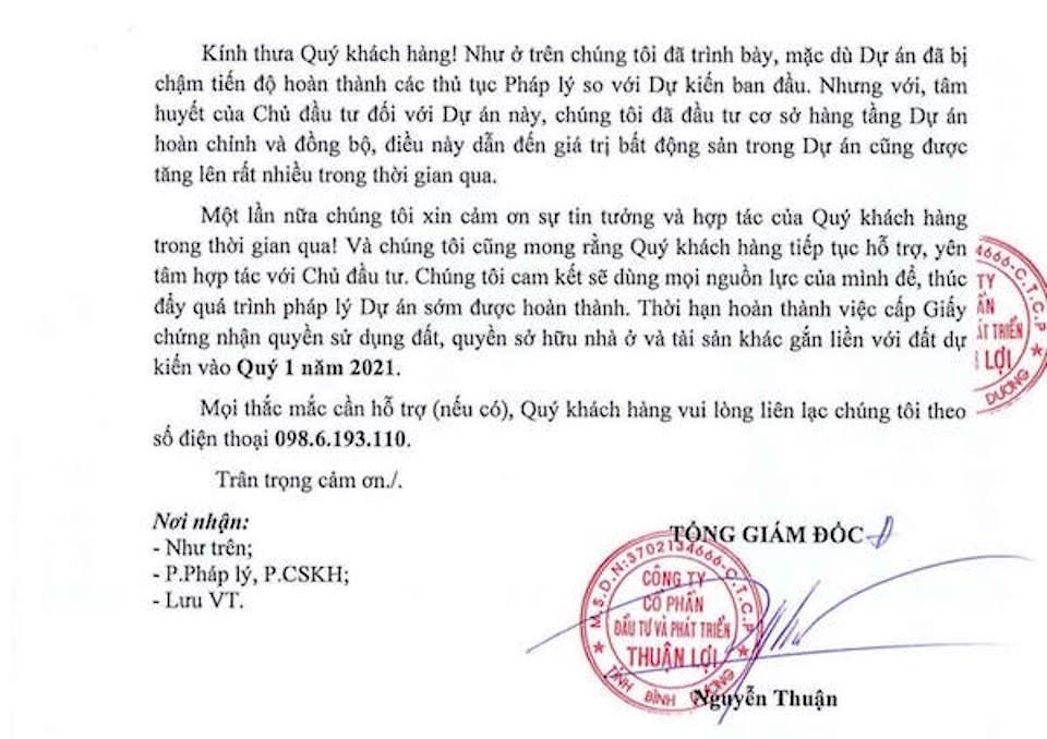 Văn bản Công ty Thuận Lợi gửi khách hàng giải thích lý do chậm ra sổ đỏ ở dự án Khu dân cư Mỹ Phước 4-Khu B. Điều này gián tiếp thừa nhận, Công ty Thuận Lợi bán chui đất nền ở dự án này.