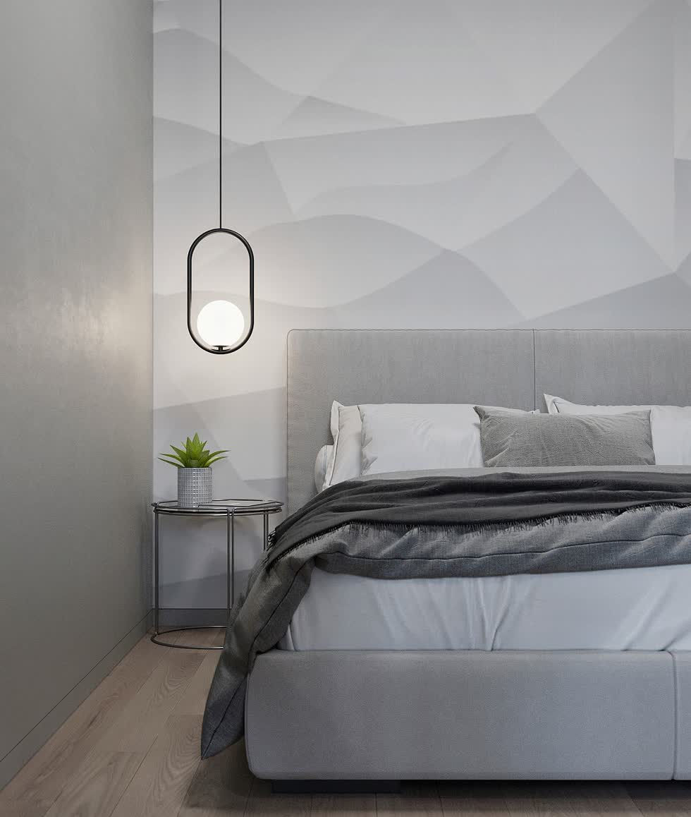   Phòng ngủ được sơn màu xám với phong cách công nghiệp đương đại.  