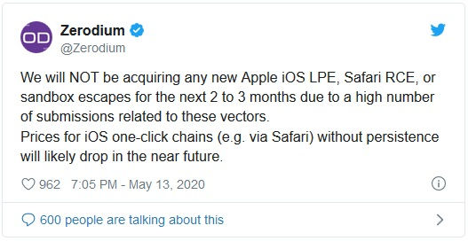   Dòng tweet thông báo dừng mua các loại lỗ hổng khai thác iOS của Zerodium  