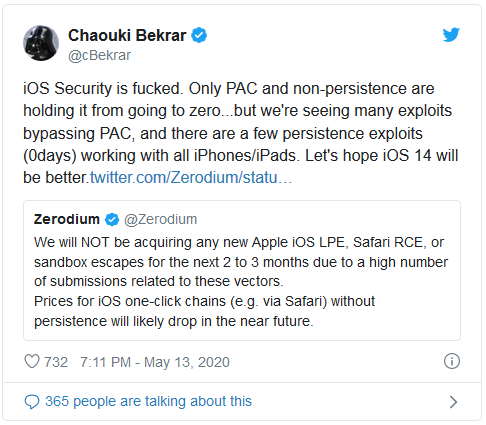   Lời chê bai của Chaouki Bekrar, nhà sáng lập Zerodium, đối với khả năng bảo mật của iOS.  