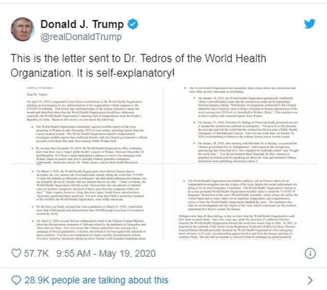 Bức thư dài của Tổng thống Trump gửi Tổng giám đốc WHO. Ảnh: Twitter.