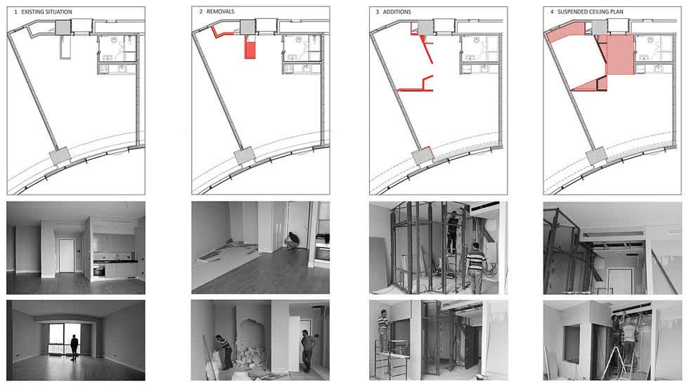 Bản vẽ và hình ảnh cải tạo căn hộ 45m2 đã được thực hiện để tạo ra không gian rộng rãi hơn.