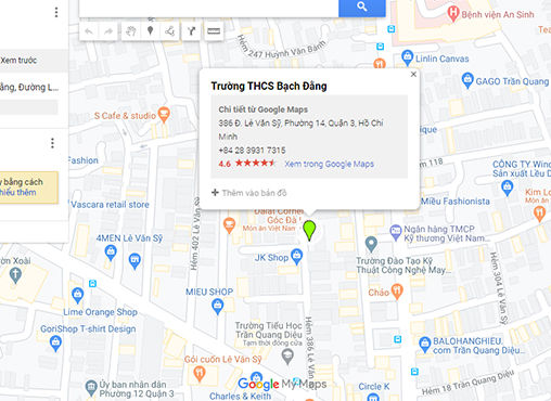 Vị trí trường THCS Bạch Đằng, đường Lê Văn Sỹ, Quận 3, TP.HCM.