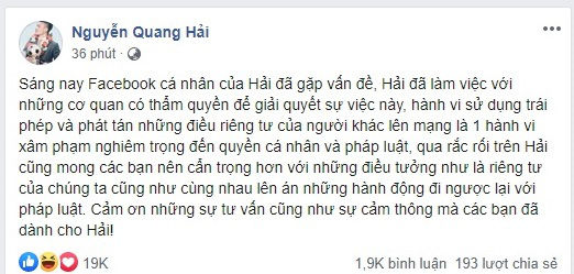 Quang Hải lên tiếng trên trang cá nhân sau khi bị hack Facebook.
