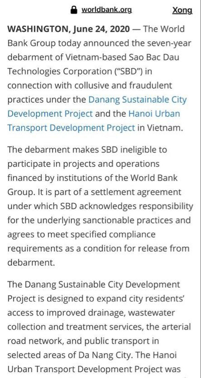 Ngân hàng Thế giới phát đi thông báo cấm vận Công ty Cổ phần công nghệ Sao Bắc Đẩu. Ảnh: Vietnam Finance.