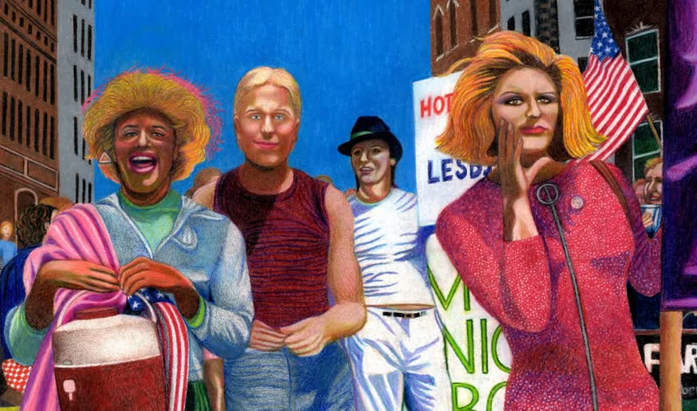   Marsha P. Johnson, Joseph Ratanski và Sylvia Rivera vào năm 1973 được vẽ bởi bởi Gary LeGault.  