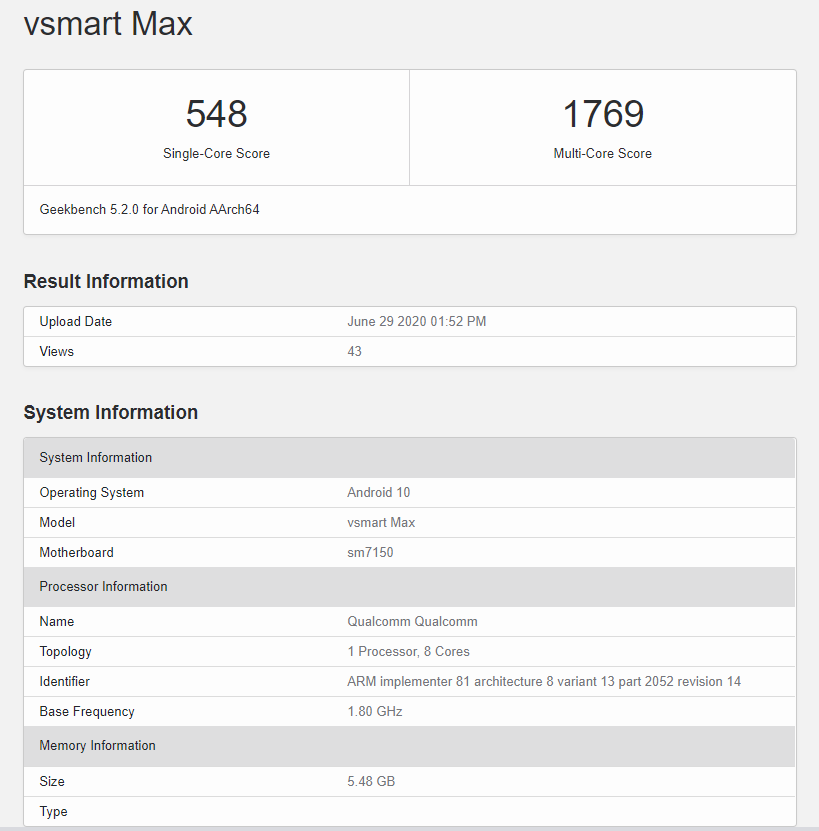 Vsmart Max tiếp tục lộ điểm hiệu năng trên Geekbench, chip Snapdragon 730