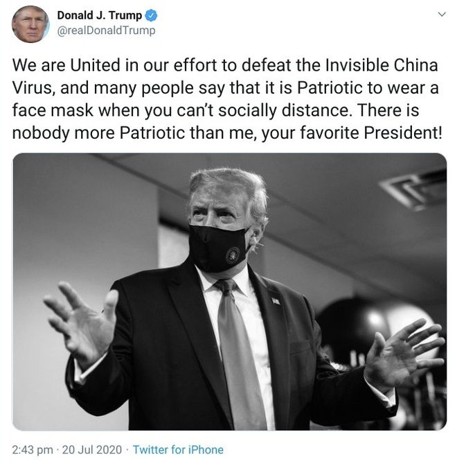 Ảnh Tổng thống Donald Trump đeo khẩu trang được ông đăng hôm 20/7. Ảnh: Twitter/Donald J. Trump.